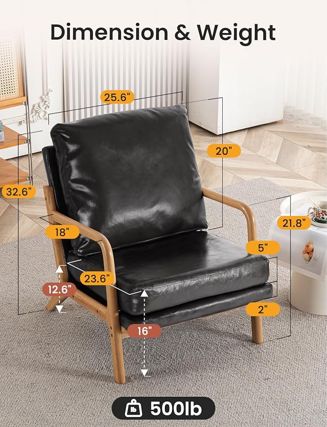 Mid Century Modern Accent Chairs for Living Room, 23” Wide Comfy Chair for Bedroom, Small Cozy Leather Reading Chairs for Adults, 108° Lounge Arm Chair Indoor with Detachable Cover, 5.5" Foam Cushion