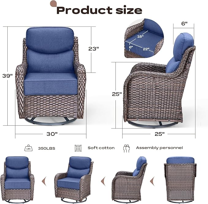 Rilyson Outdoor Patio Furniture Set - Weather Resistant Wicker,High Back,6 inch Cushions,6 Piece Patio Furniture Set with Swivel Rocker Chairs and Side Table for Deck Porch Yard,Brown/Blue