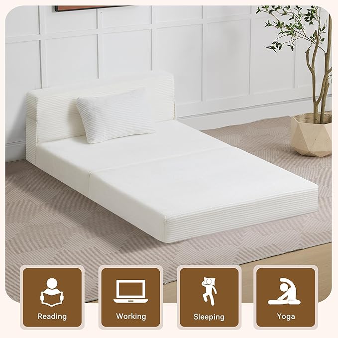 WUTUTUEE Folding Sofa Bed Convertible Floor Couch Foldable Chair Bed with Pillow，Linen Sleeper Chair Futon,Foldable Memory Foam Mattress for Bedroom/Living Room/Dorm/Office (Corduroy White, Standard)