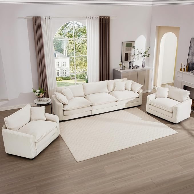 mikibama Luxury 3 Piece Sofa Set, 3-Seater & 2 Single Sofa Set, Modern Corduroy Comfy Cloud Couches Set for Living Room Office with 2 Armrest Pillows and 5 Toss Pillows, Beige