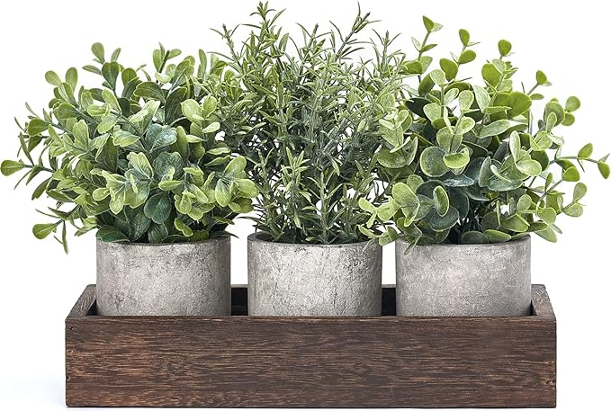 Dahey 3 Pack Mini Potted Artificial Eucalyptus Fake Plants with Wood Tray Centerpiece Table Decorations, Farmhouse Pulp Fl...