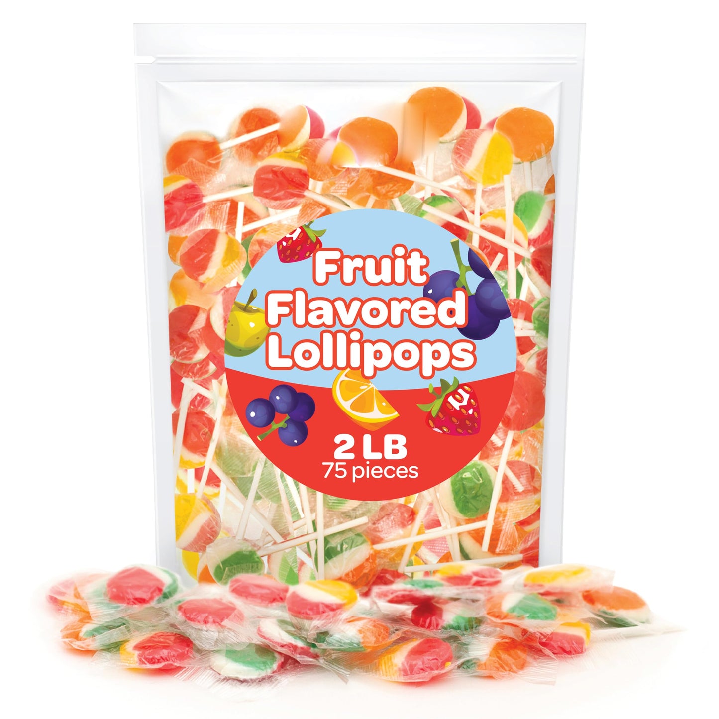 Fruit Lollipops - 2 Pound Bulk Pack (80 Count) - Assorted Fruit Flavored Hard Candy - Individually Wrapped Halloween Candy - Flat Suckers for Kids and Parties