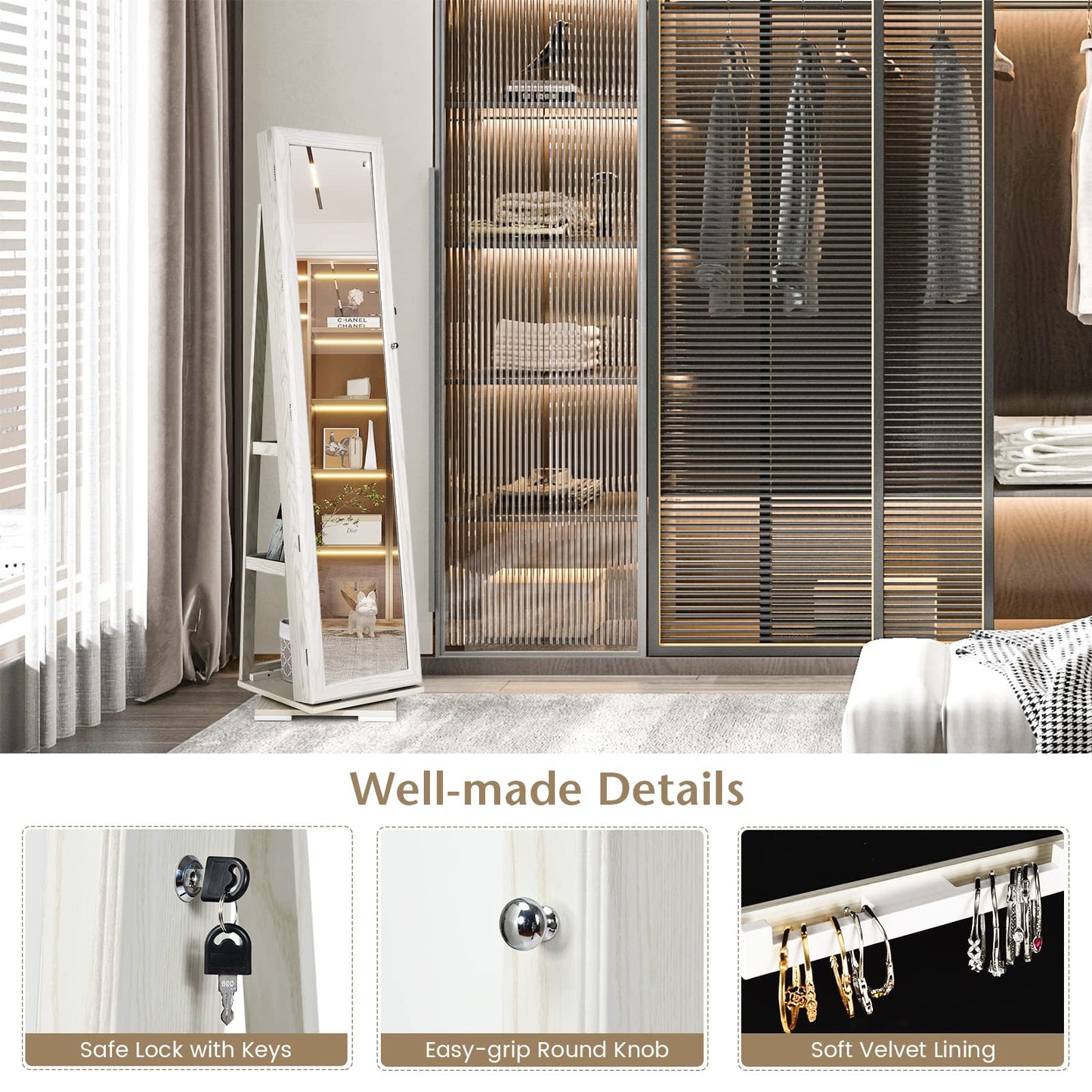 FANTASK 360°Rotating Jewelry Cabinet, Lockable Standing Jewelry Organizer w/Full Length Mirror, Inside Mirror & Rear Storage Shelves, Large Storage Capacity, Jewelry Armoire w/Mirror for Bedroom