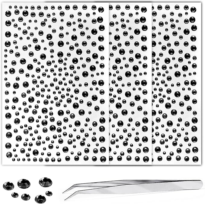 Self Adhesive Face Gems and Pearls for Makeup, Festival Jewels, Hair Gems, Rhinestone Stickers for Face, Eye, Makeup, Nail, Body, Crafts 3/4/5/6 mm 975Pcs (13.gem_Black)