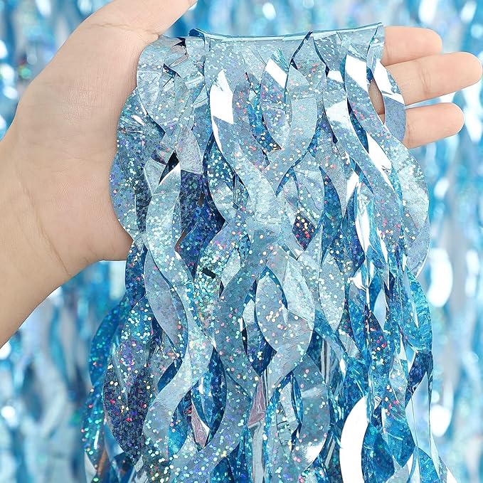 4 Pack Light Blue Party Foil Curtain - CYLMFC 3.3 ft x 6.6 ft Wavy Photo Booth Backdrop Metallic Tinsel Foil Fringe Curtai...