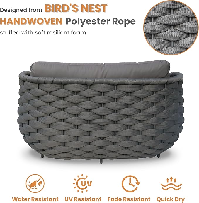 Erotr Patio Loveseat with Table: Aluminum Hand Woven Rope 2 Piece Patio Furniture Set - Cushioned Outdoor Seating Set - Modern Metal Lounge Set Assembled for Porch Balcony Deck Garden Hotel, Dark Grey