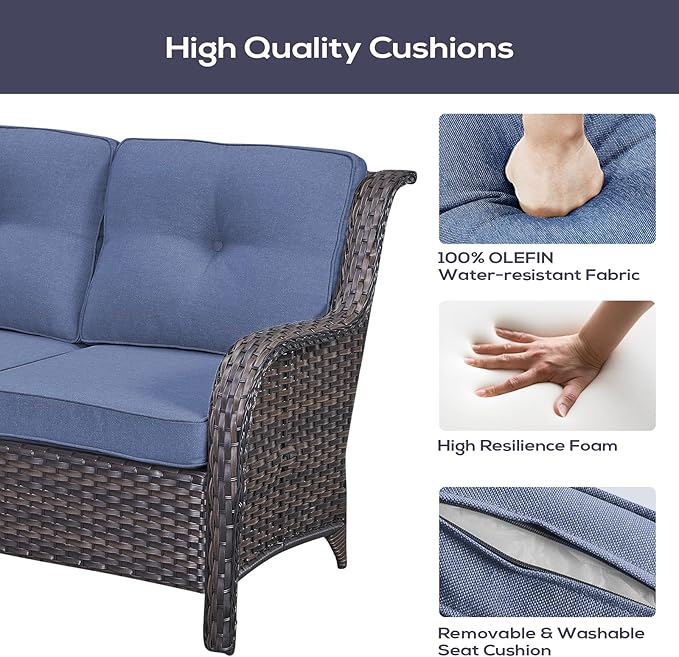 Belord Outdoor Patio Furniture Set with Propane Fire Pit Table, 7 Pieces Wicker Patio Conversation Set with 2 Swivel Glider Rocker Chairs Rattan Sofa Blue Cushion Perfect for Casual Gathering