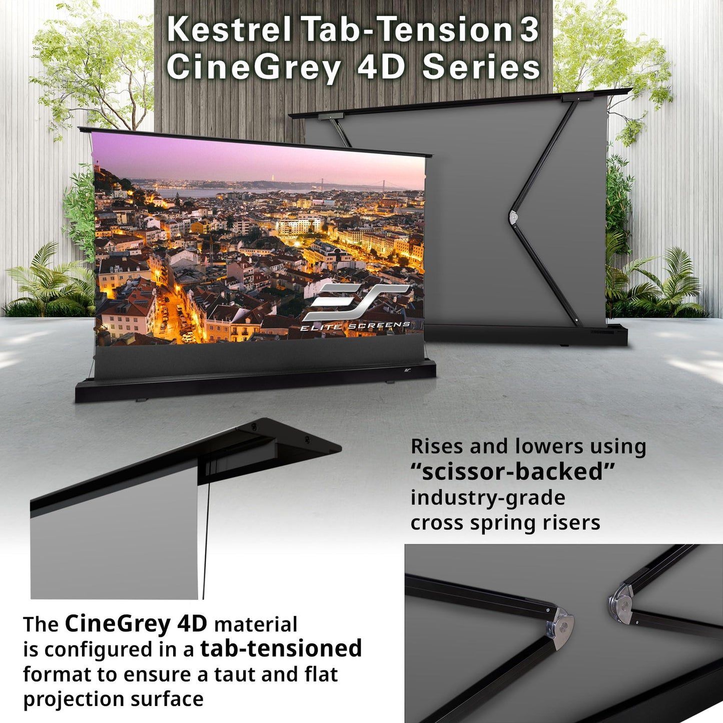 Elite Screens Kestrel Tab-Tension Pro CineGrey 4D, 135" Diag., 16:9 Aspect Ratio, ISF Certified 4K/8K Ultra HD Electric Floor-Rising Motorized Tab-Tensioned Front Projector Screen, FTE135H3-C4D