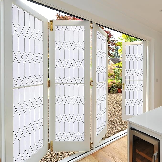 Windimiley Window Privacy Film Stained Glass Static Clings, Bathroom Frosted Leaded Decorative Window Stickers, UV Heat Blocking Opaque Removable for Home Door Coverings (23.6 x 78.7 in,White)