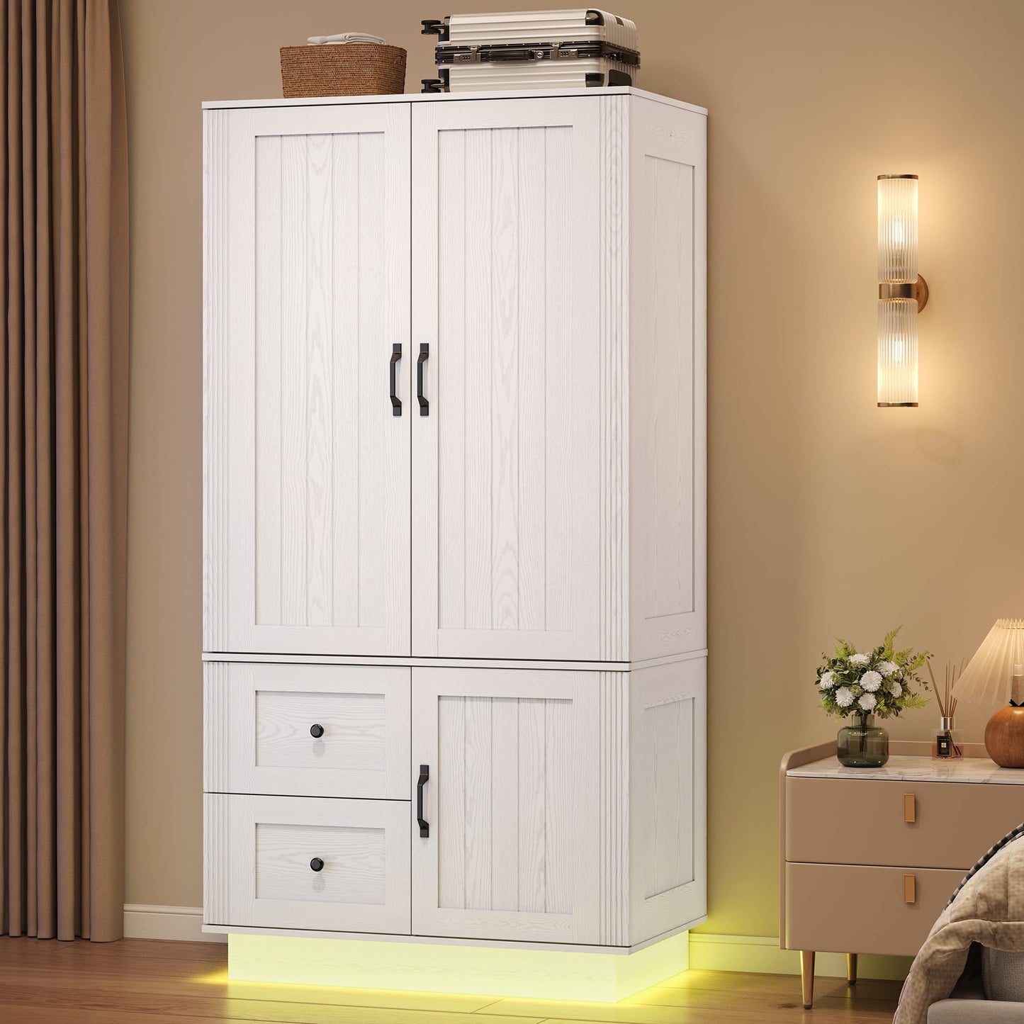 LIKIMIO Farmhouse Wardrobe Closet with Doors, 70" Bedroom Armoires with LED Lights and Hanging Rod, Wooden Large Wardrobe Cabinet with 2 Drawers and 1 Cabinet, Classic White