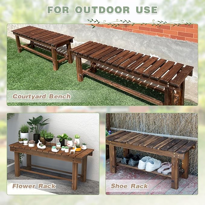 LSPYYDS Outdoor Garden Bench, 3-Person Wood Patio Bench Weatherproof Outdoor Backless Bench, Anti-Corrosion and Anti-Rust Garden Benches for Garden Lawn Porch Park Backyard (Carbonized,47.25''/120cm)