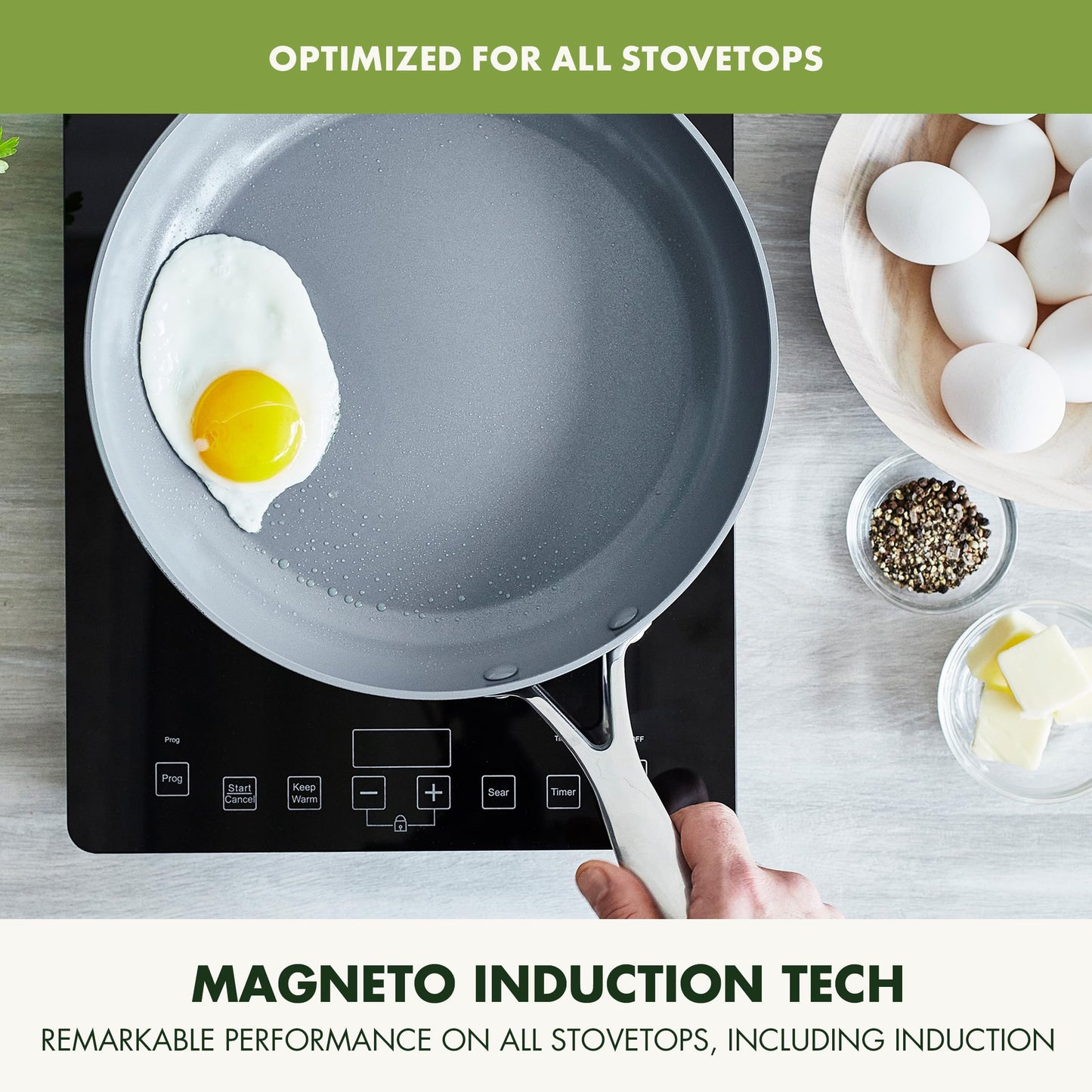 GreenPan Valencia Pro Ceramic Nonstick 8" 9.5" & 11" Fry Pan Skillet Set, Hard Anodized PFAS-Free, Induction Ready, Compatible on All Cooktops, Dishwasher Safe, Oven Safe to 600F, Gray