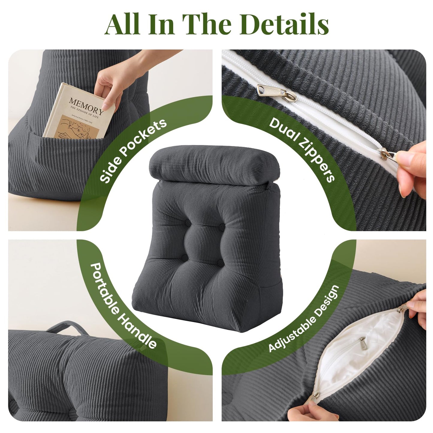 Sasttie Wedge Pillow Set, 2PCS Reading Pillow for Sitting, Bed Wedge Pillow Headborad for Sleeping, After Surgery, Acid Reflux, Leg and Back Support, with Neck Cushion, 23"x11.5"x23", Dark Grey