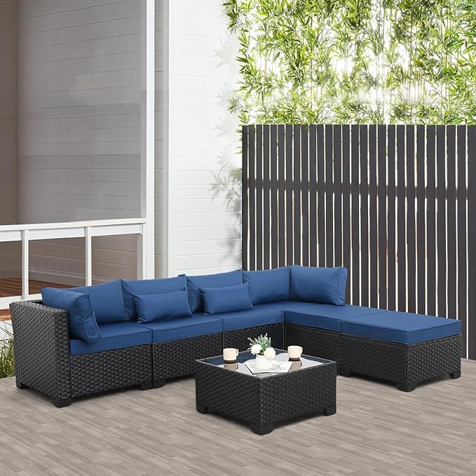 Lviden 7 Pieces Outdoor PE Wicker Furniture Set Patio Rattan Sectional Conversation Sofa Set with Navy Blue Cushions and Glass Top Table