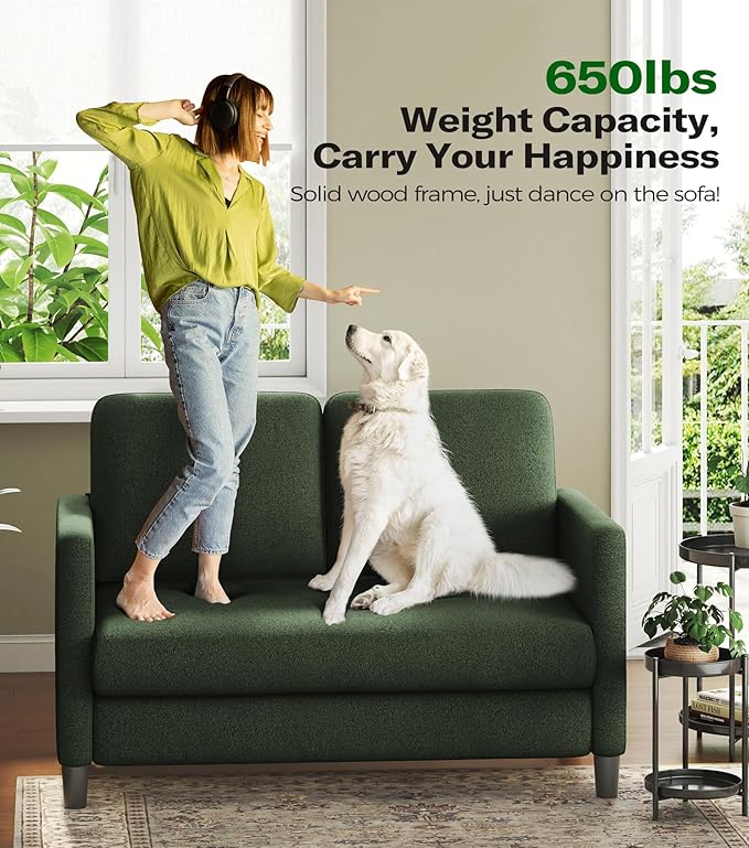 Welzona Loveseat Sofa, 51" Love Seat, Comfy Teddy Small Loveseat for Small Spaces, Tool-Free Setup Couch for Bedroom, All-Wood Couches for Living Room, No Pillow Included, Green
