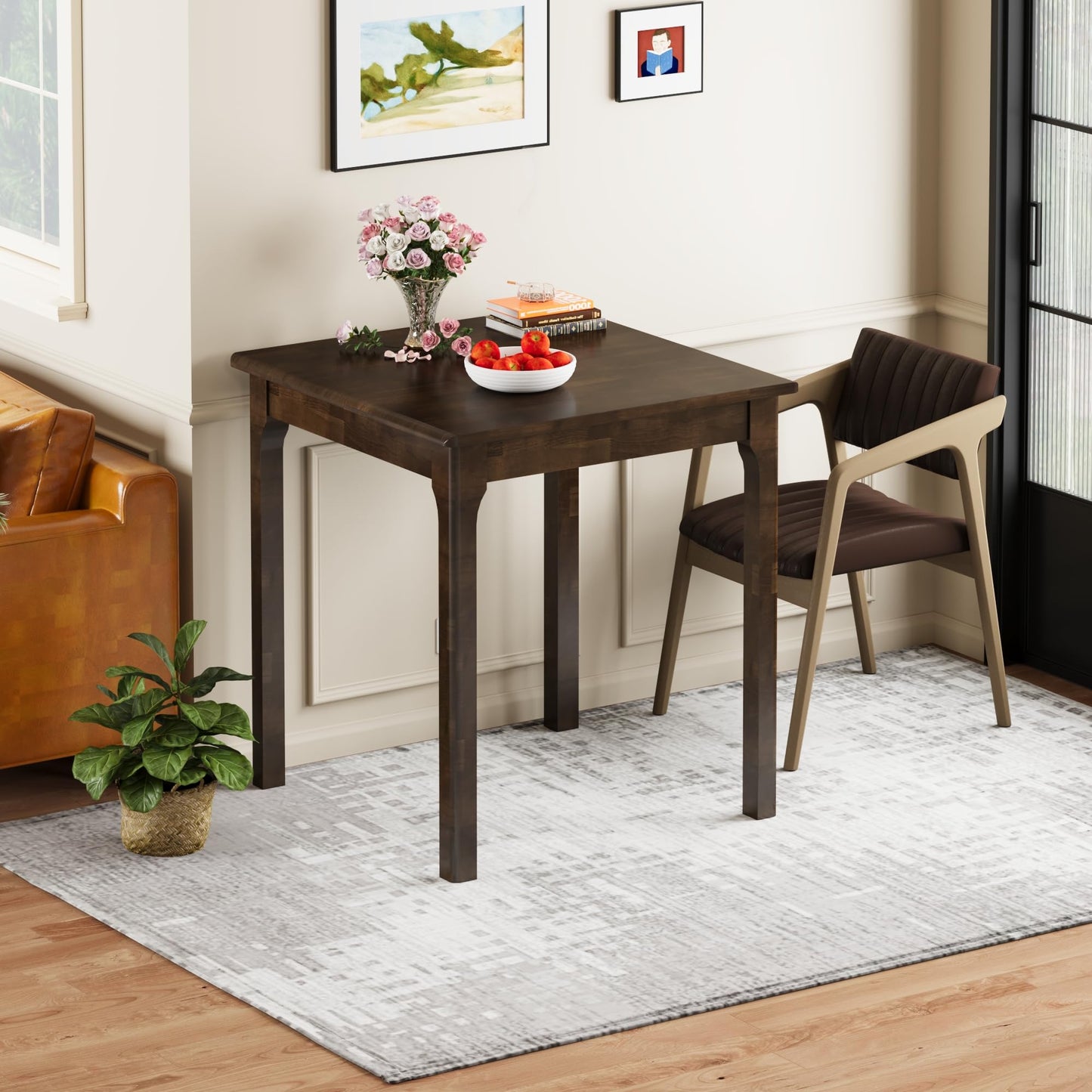 YEMNMFH 27.6” Square Dining Table - Small Kitchen Table with Solid Wood Legs, Mid Century Modern Desks for Small Spaces, Wooden Dining Room Tables for Kitchen, Living Room & Dining Room, Walnut Color