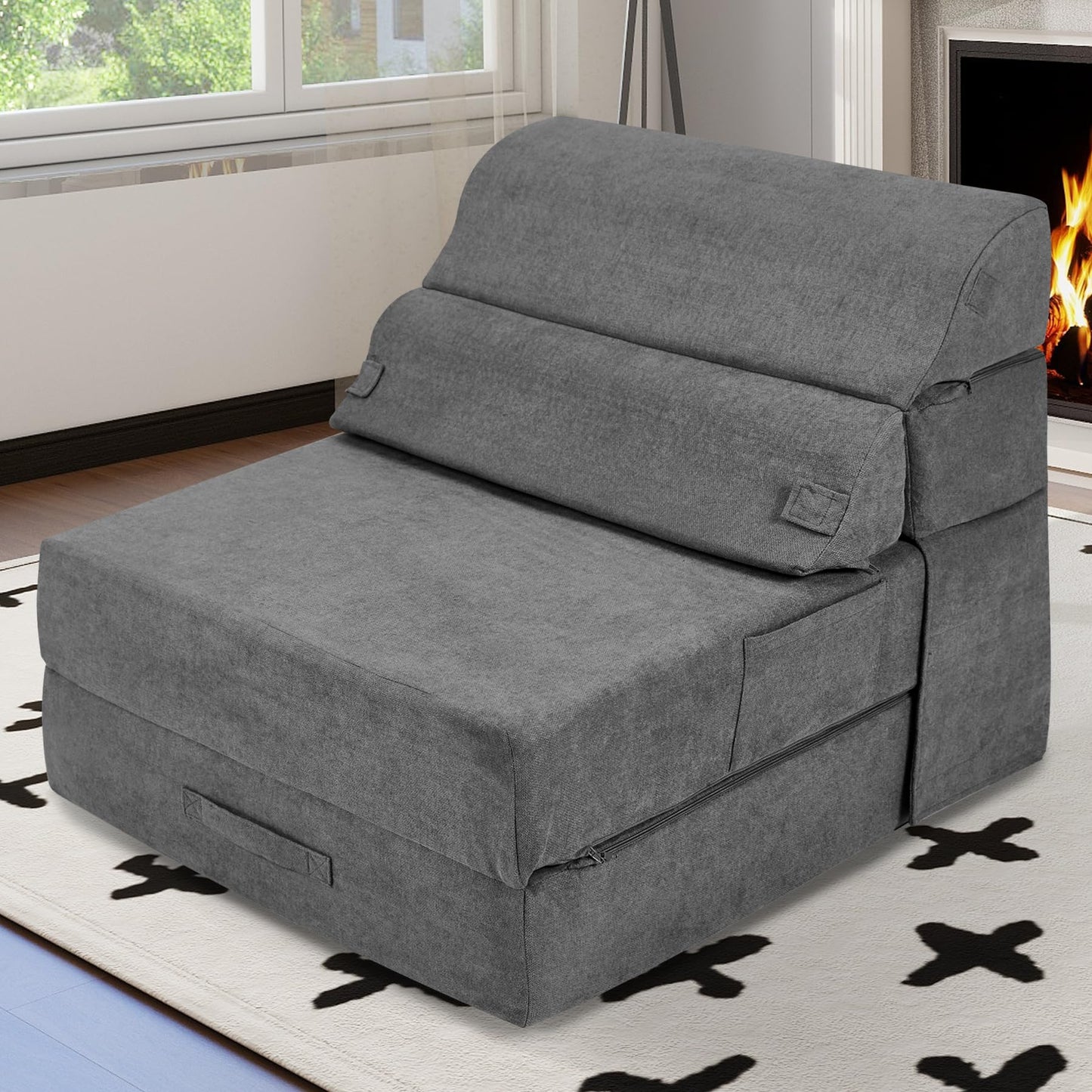 LitaiL Comfy Folding Sofa Bed - Grey Convertible Sleeper Sofa Fold Out Sleeper Chair Couch for Living Room Bedroom Guest, Foldable Floor Chair Lounger Mattress with Back Support for Travel, Camping