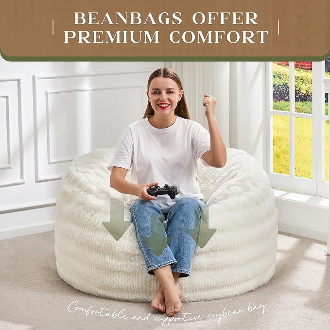 Hobestluk Bean Bag Chairs Beanbag Chair with Filler Adult Bean Bags with Fluffy Ripple Cover, Giant Bean Bag Chairs for Adults (White, 3FT - 36" x 36" x 22")