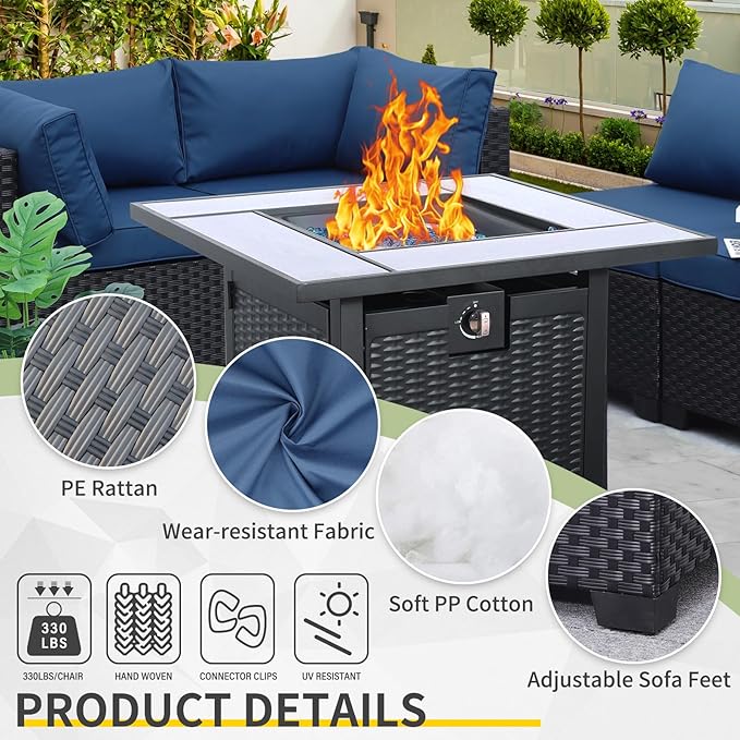 WAROOM Outdoor Patio PE Wicker 5 Piece Furniture Set, Black Rattan Sectional Conversation Sofa Chair with Square Propane Fire Pit Table, Navy Blue Cushion