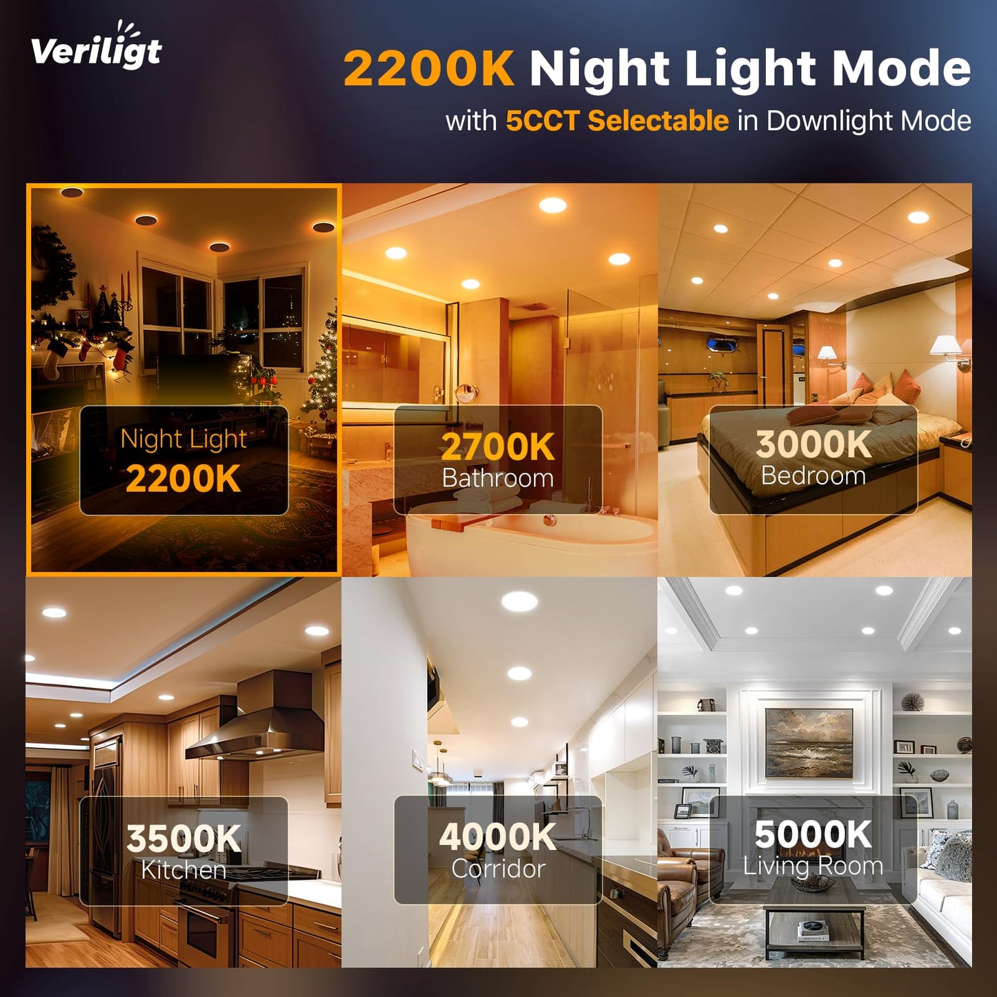 Veriligt 6 Pack 6 Inch LED Recessed Light with Night Light, 2700K/3000K/3500K/4000K/5000K 5CCT Ceiling Light, 1050LM 12W 120V, Dimmable Canless Wafer Downlight ETL&FCC, Energy Saving Star
