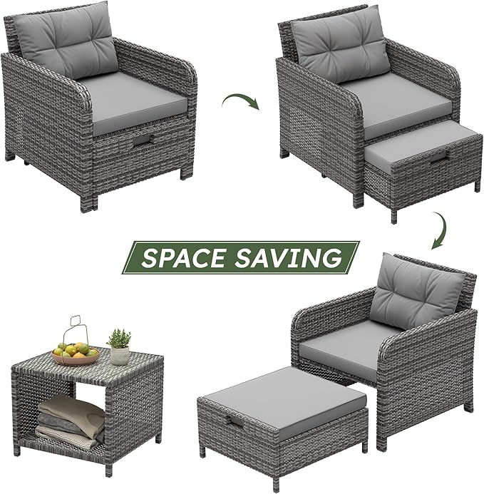 LHBcraft 5 Piece Patio Conversation Set Outdoor Patio Chairs with Ottomans Balcony Furniture with Soft Cushions & Coffee Table for Poolside Garden Balcony, Grey