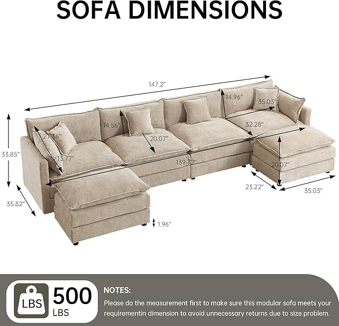saows Modular Sectional Sofa, 147.2 Inch U Shaped Couch Set with Armrests, 4-Seater Comfy Cloud Couches with Movable Ottoman for Living Room Apartment, Coffee