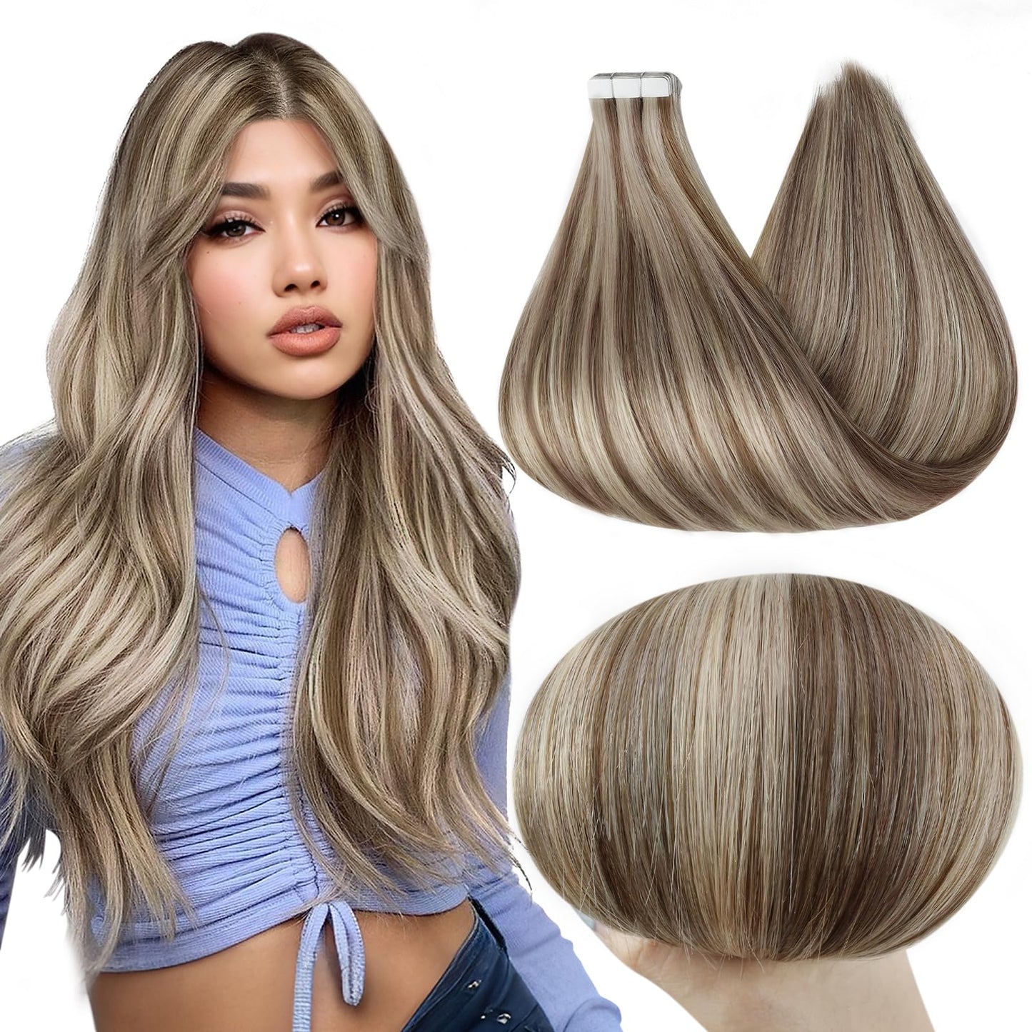 Full Shine Soft Remy Tape in Human Hair Extensions 20Inch Color 8 Ash Brown Highlighted 60 Platinum Blonde Real Hair Extensions