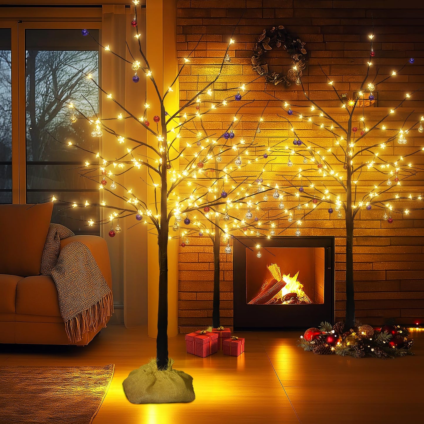 Lighted Birch Tree Set of 3, 4FT 5FT 6FT 200 LED Christmas Birch Tree with Decor Balls for Indoor Outdoor Home Christmas Easter Holiday Decoration