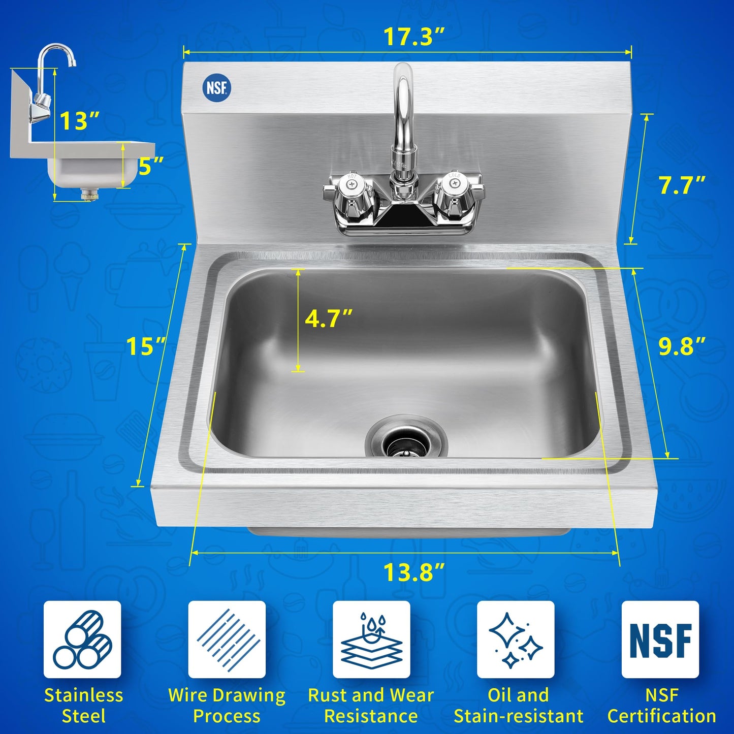 BIEAMA Stainless Steel Hand Sink NSF 17”x 15" Wall Mount Commercial Hand Washing Sink, with Strainer and Faucet, for Home, Stores, Restaurants, Bars