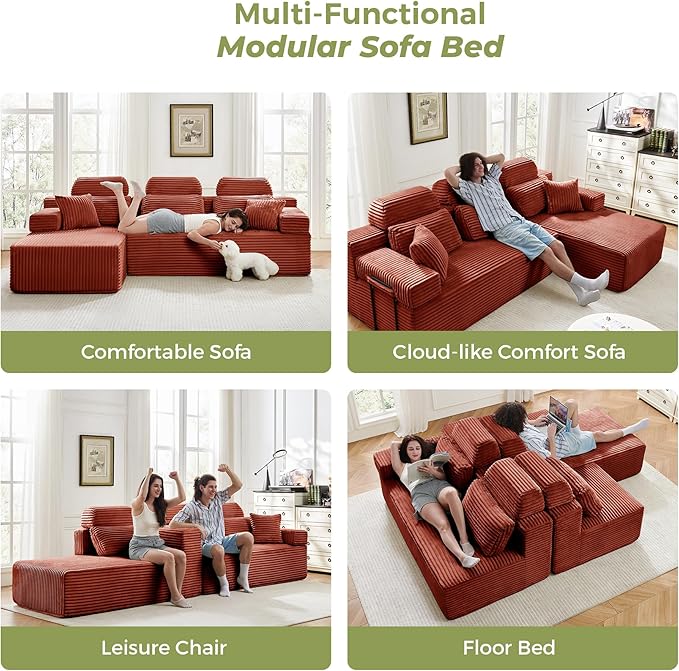 104" L-Shaped Cloud Modular Sectional Sofa with Chaise & Headrest, Boneless Deep Seat Plush Corduroy Couches for Large Living Room, No Assembly Required (Orange, 104" L-shapred Chaise)