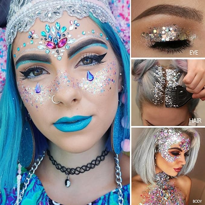 MEICOLY Clear White Face Body Glitter,Sparkling Chunky Hair Glitter,Mermaid Face Glitter,Intense Glitter Makeup,Body Glitter for Women and Girls