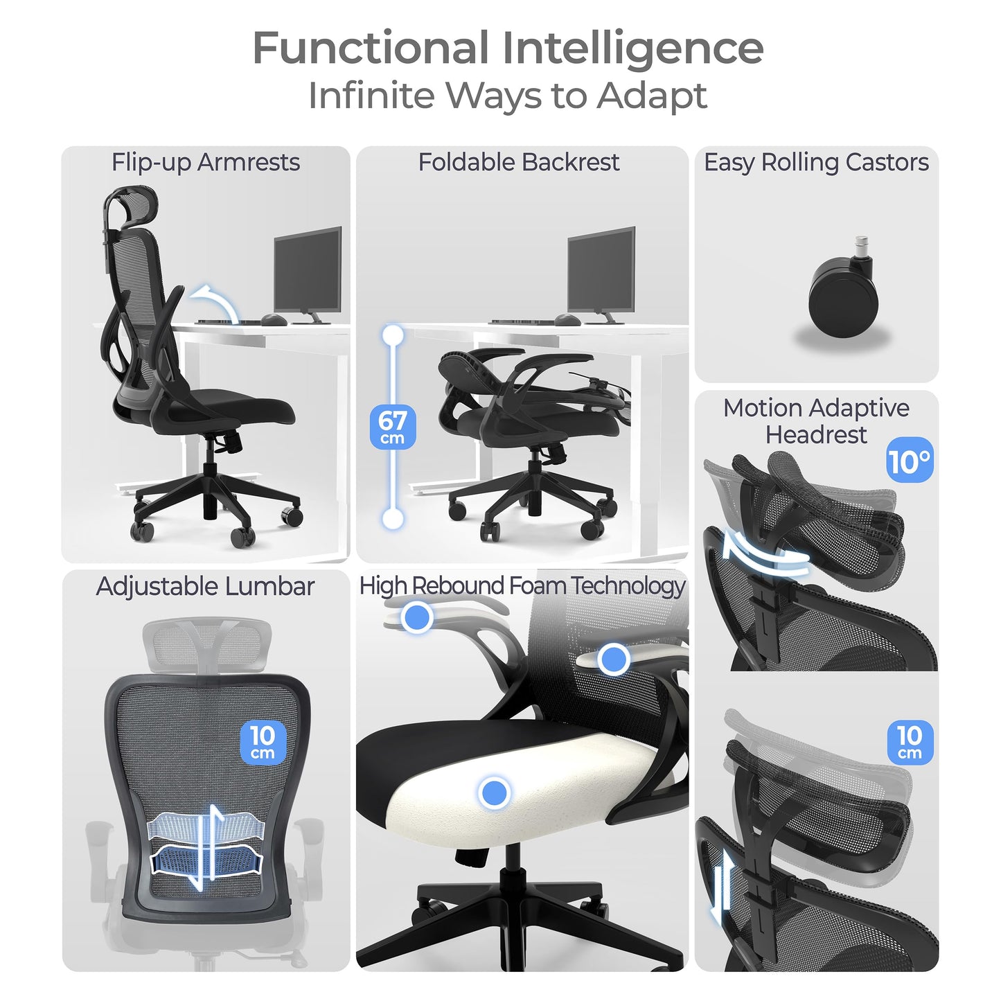 Tervo Model U | Folding Office Chair for Small Spaces | Gaming Chair for Adults & Kids | Ergonomic Mesh Computer Chair for Bedroom | Foldable Desk Chair for Home Work (Midnight Black Headrest)