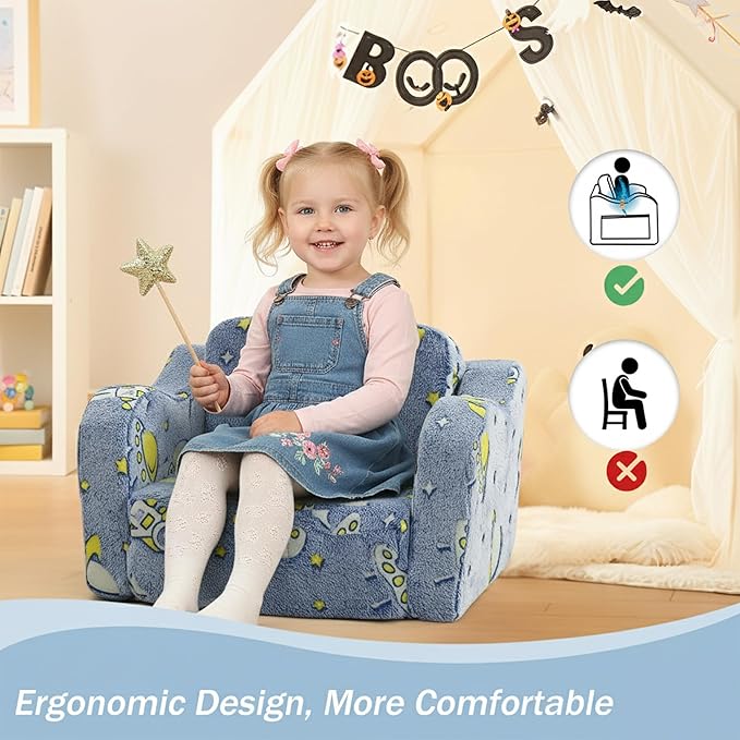 MeMoreCool Toddler Folding Sofa Chair – Denim Rocket Glow-in-The-Dark Plush Lounger 2-in-1 Couch & Recliner | Machine Washable | Soft Kids Seat for Playroom or Nursery