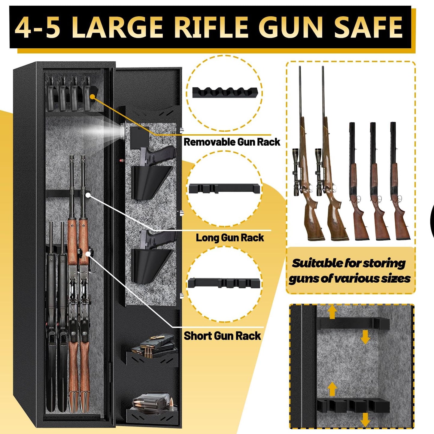 Kaer 4-5 Biometric Gun Safe for Rifles and Pistols,Long Rifle Safe for Home,Gun Cabinet for Rifles and Shotguns with Fingerprint/Digital Keypad/Removable Shelf