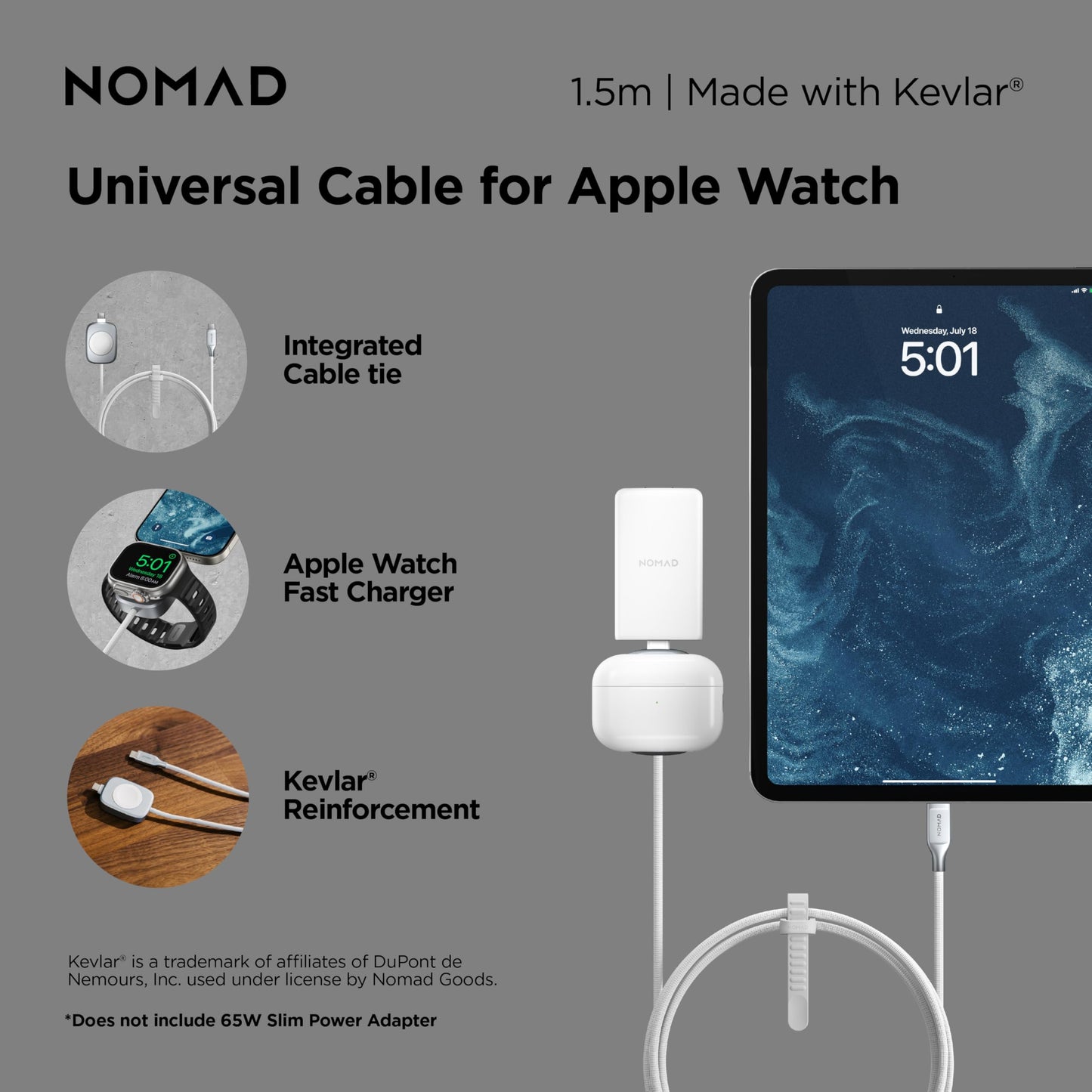 Nomad Apple Watch Charger Usb Type C Cable 1.5M White 2In1, Usb C Charging Cable - 100W Fast Iwatch Charger Usbc For Apple Watch