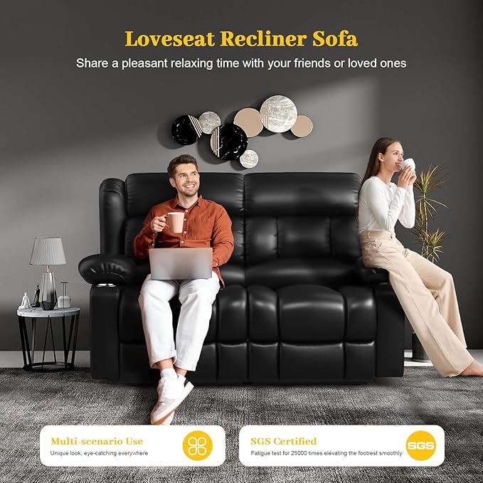FURNIMAT New Loveseat Recliner Sofa, 2 Seater Reclining Loveseat Sofa, PU Leather Dual Recliner Chair, Modern Loveseat Couch for Living Room, with Cup Holder and USB Ports, Black