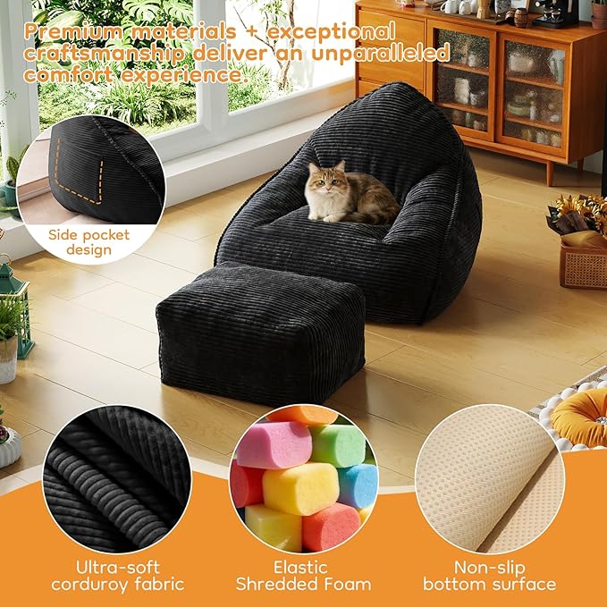 Cloud Large Bean Bag Chair with Ottoman, Corduroy Fabric+35D Memory Foam Big Beanbag Chair for Adults,Lounger Chairs Sofa Boneless Puff Chair for Living Room, Bedroom,Balcony,Playroom (Black)