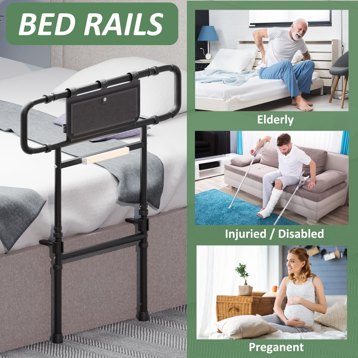 Com MUMU Bed Rails for Elderly Adults Safety - Adjustable Bed Assist Rail Bar for Seniors with Motion Light & Storage Pocket, Side Bed Rail Handle Support Guard Bar Rails for King Queen Full Twin Bed