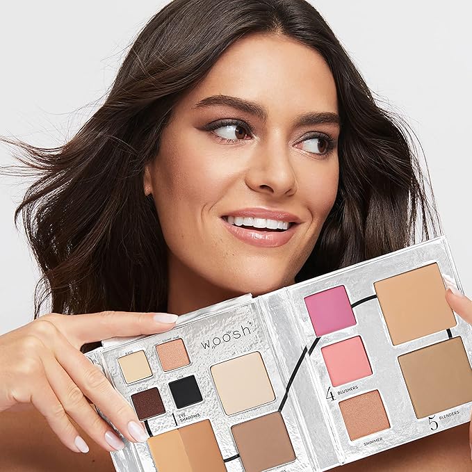 Woosh Beauty, Jetsetter Bundle in #2.5 Medium Tan, Fold out Face Original, Essential Brush Set, Travel Case in Black