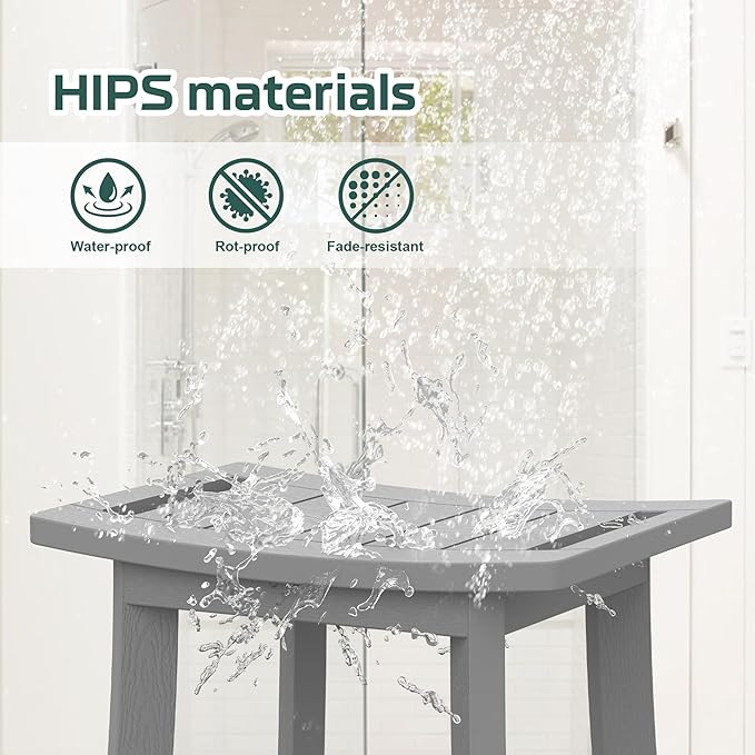 Waterproof Shower Benches for Inside Shower, Poly Lumber Shower Stool with Storage Shelf & Adjustable Feet, SPA Bathroom Seat Chair for Shaving Legs, Indoor or Outdoor Use, Grey