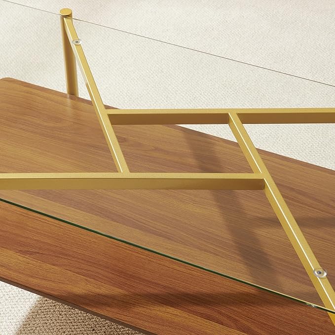 Pine Flicker Rectangle Coffee Table, Mid-Century Modern Design, L41*W21*H17 inch, for Living Room, Clear Glass Top and Walnut Finish Wood Shelf, Conical Metal Legs with Gold Finish