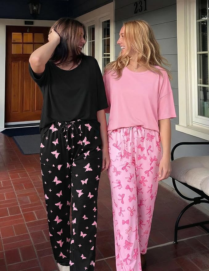 Ekouaer 2 Pack Womens Pajama Sets Short Sleeve Tops and Long Pants Casual Comfy Pjs Lounge Set with Pockets,S-XXL