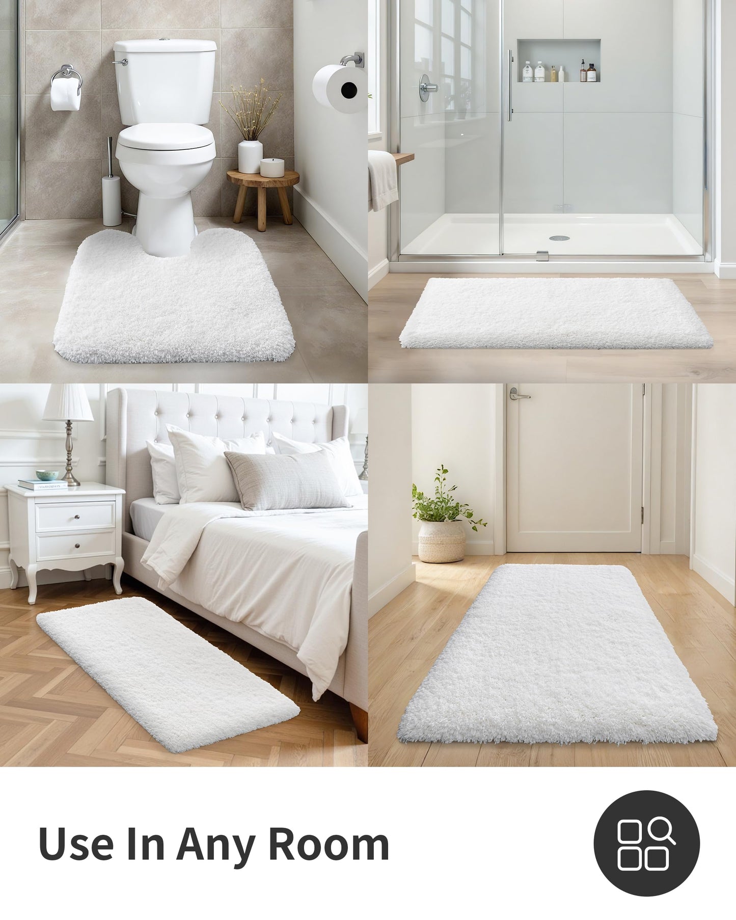 ILANGO White Bathroom Rugs 24" × 17" Small Non Slip & Super Absorbent Extra Thick Soft, Washable Bath Mat for Floor, Non Shedding Microfiber Plush Shaggy Bath Rug for Bathtub Shower Room Sink