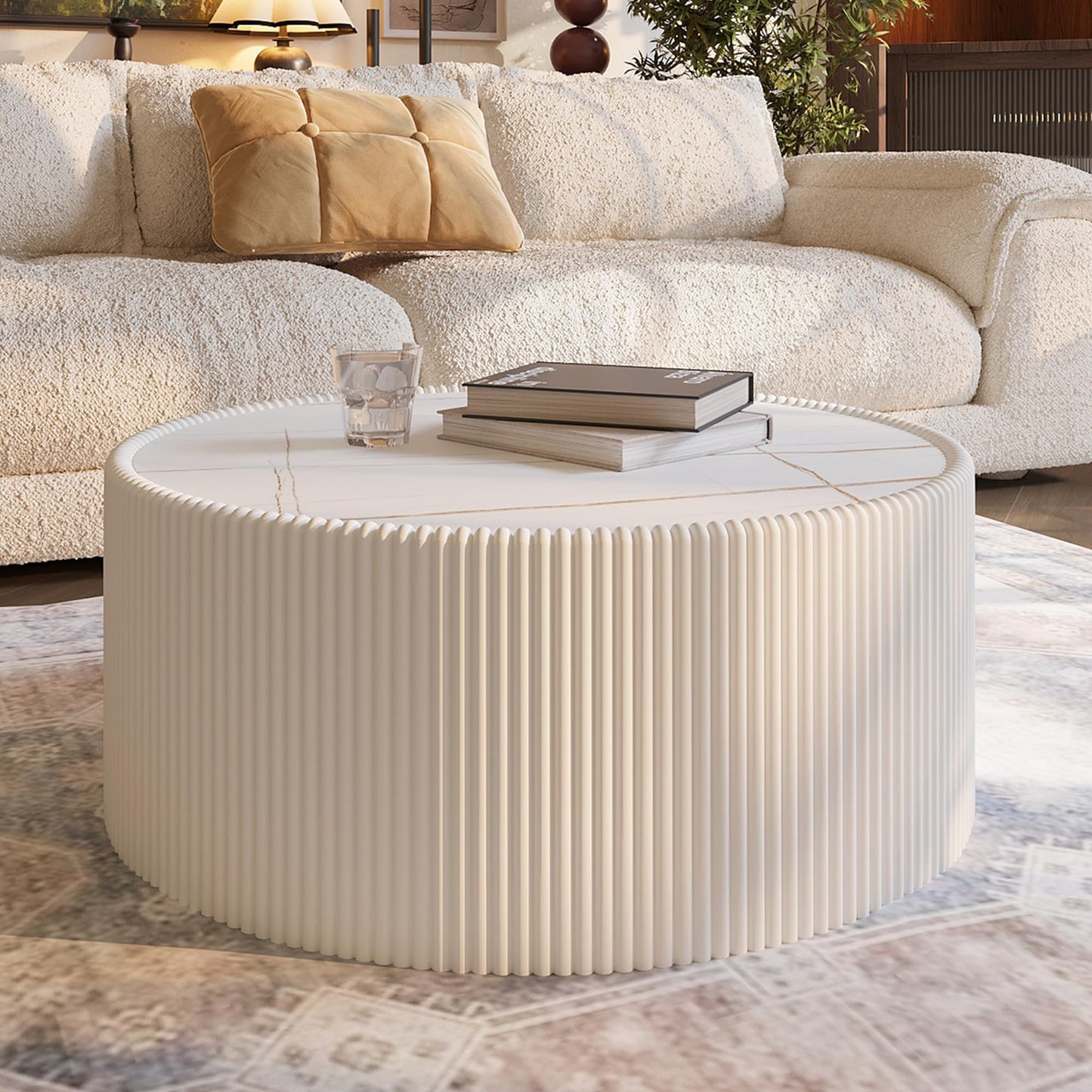 GDFStudio Modern Round Coffee Table, Luxury Sintered Stone Top Circle Coffee Table with PU Leather Drum Base, Creative Shape Small Tables for Living Room Side Tables, Fully Assembled, Milk White-Large