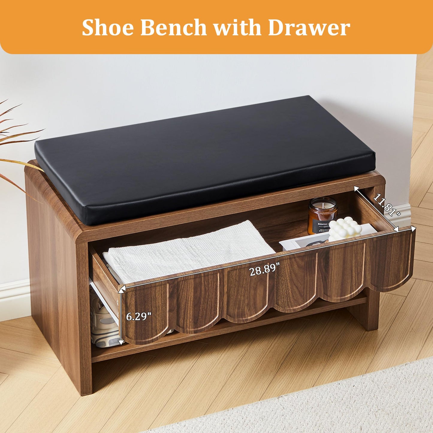 Shoe Storage Bench with Cushion, Shoe Rack Organizer Cabinet Bench with Wave Panel Drawer and Open Shelf for Entryway, Hallway, Living Room (Walnut)