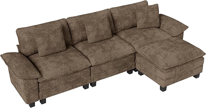 MIXPATIO 123-Inch L Shaped Sectional Sofa with Cloud Cushions, Deep Seat Modular Couch Set w/ 4 Seats & 1 Ottomans, Removable Arms, Plush Chenille Upholstery for Living Room, Apartment - Taupe