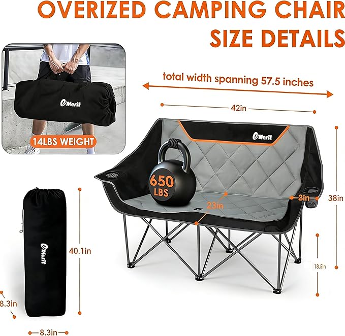 EMERIT Oversized Camping Chair with 650LB Capacity - Heavy Duty Folding Loveseat Camping Couch with Deep Seat & Rip-Resistant Fabric, Padded Comfort, Cup Holders for Outdoor, Lawn & Sports. | 650lb capacity, ripstop polyester, No center bar, cross-brac...