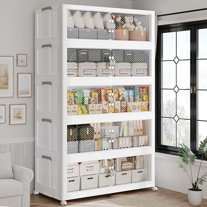 150GAL Plastic Storage Bins with Lid, 600QT Extra Large Stackable Closet Organizers and Storage, Collapsible Storage Boxes with Wheels, Folding Cabinet for Home Kitchen Office, 5Pack White