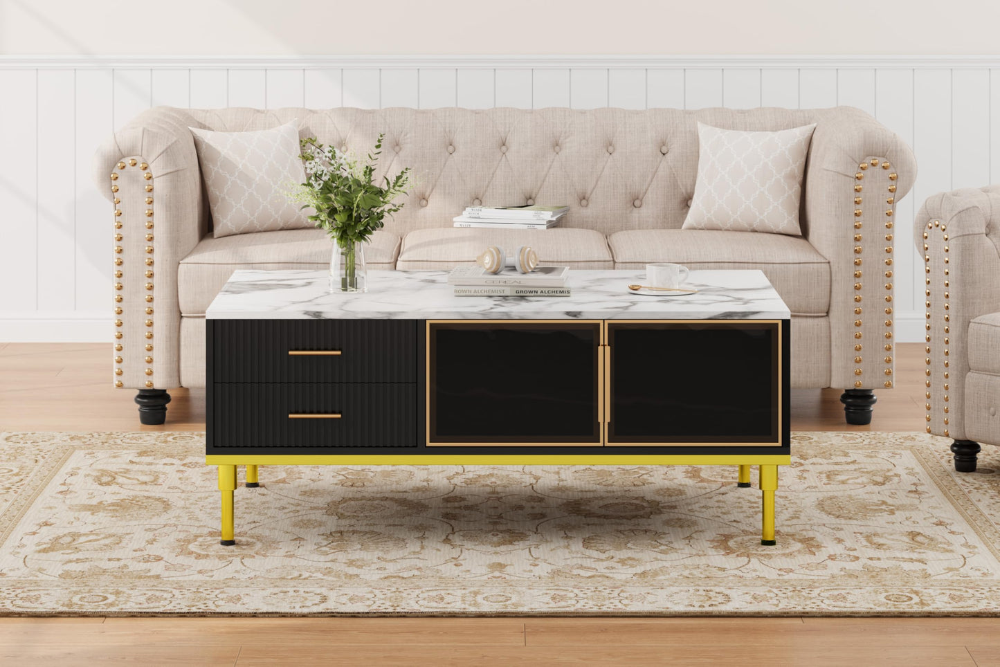 GAOMON Coffee Table for Living Room, Faux Marble Coffee Table with 4 Drawers and Glass Doors Storage, Modern Aesthetic Fluted Panel Design,Black & Gold