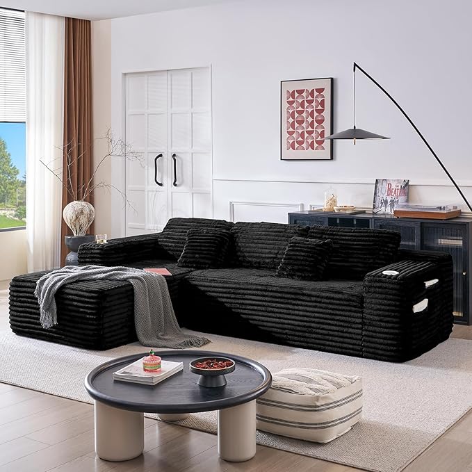 Cloud Sectional Couch with L-Shape Chaise, Modern Modular Sofa with Deep Seat, Built-in Cup Holder & Storage Pocket for Living Room Bedroom, No Assembly Required (Black, Right Sitting Chaise)